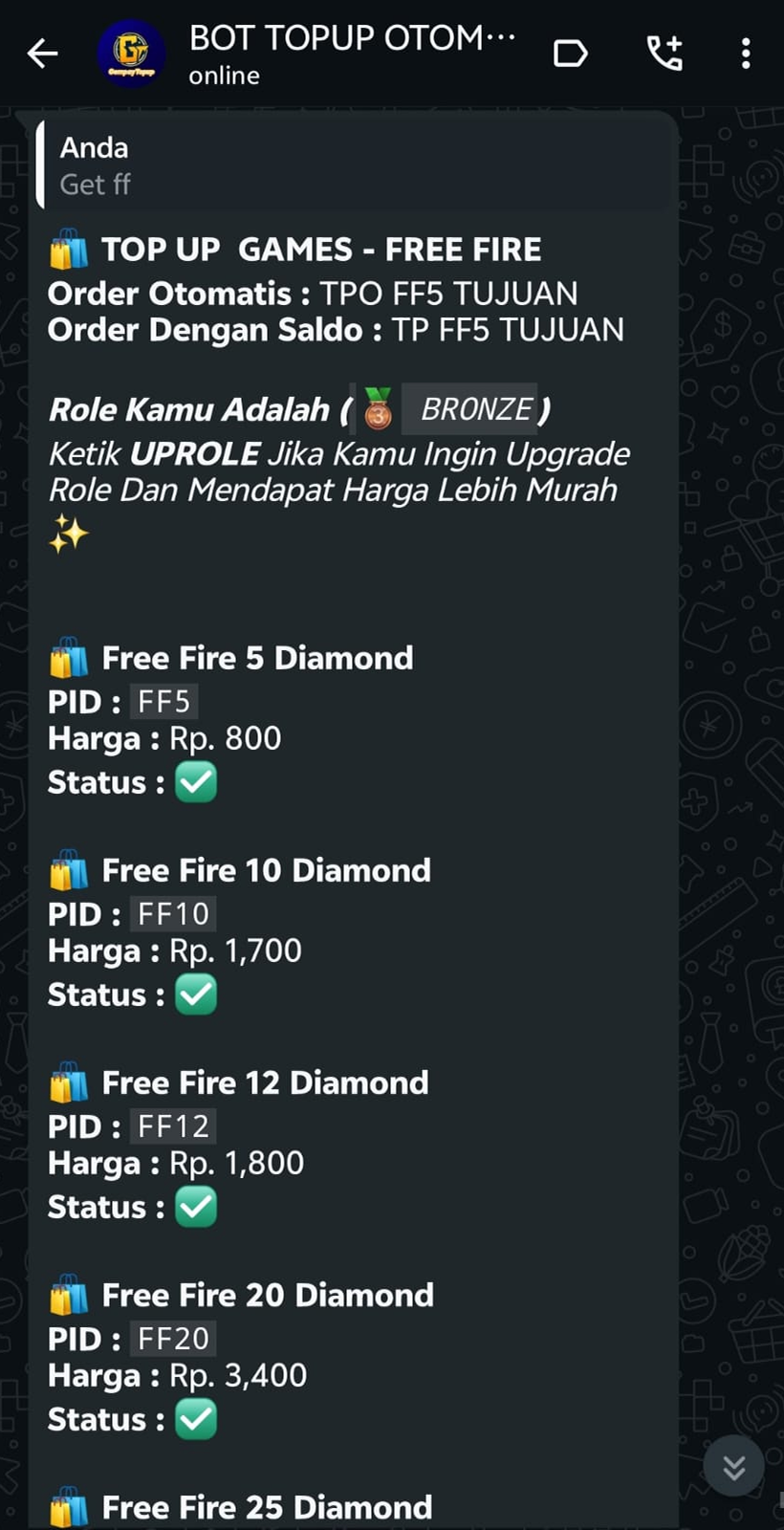 Fitur Daftar Harga Produk bot topup WhatsApp