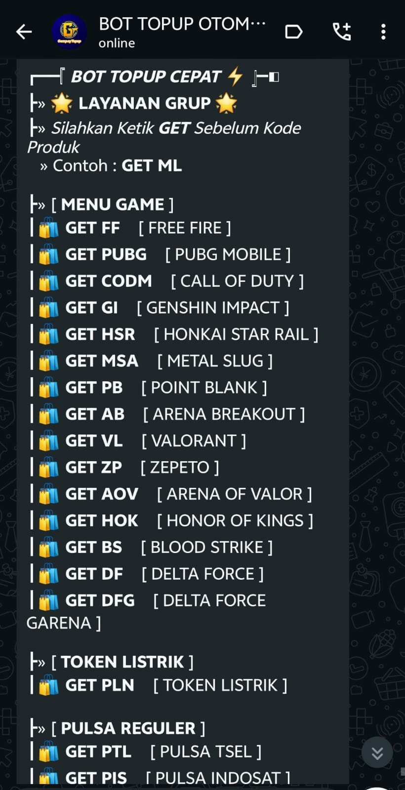 Fitur Daftar Produk bot topup WhatsApp